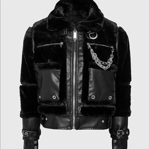 Maniere De Voir- Plush Vegan Leather Jacket- Black